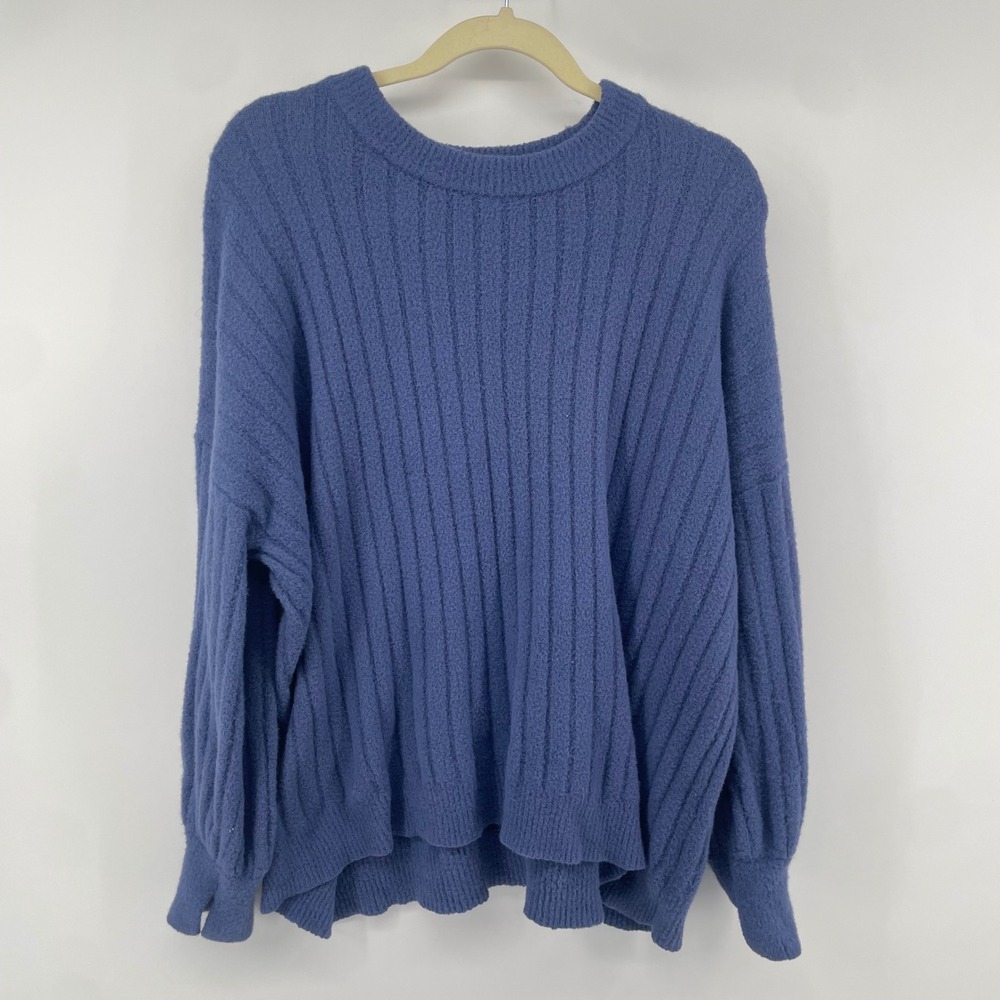 Aerie Ribbed Crewneck Sweater Womens Small Blue Slouchy Fuzzy Pullover Knit